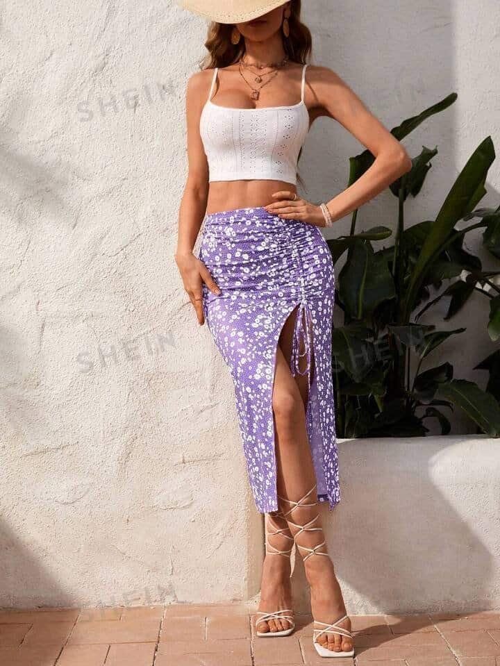 SHEIN VCAY Vacation Women's Summer Solid Color Slim Fit Crop Top &amp; Ditsy Floral Side Drawstring