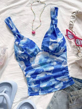 SHEIN WYWH Casual Romantic Vacation Knotted Strap Ruched Tie-Dye Blue Floral Print Tank Top, Slimming