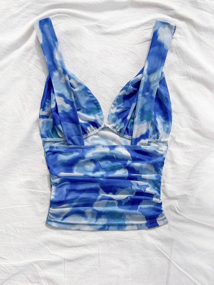 SHEIN WYWH Casual Romantic Vacation Knotted Strap Ruched Tie-Dye Blue Floral Print Tank Top, Slimming