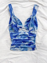 SHEIN WYWH Casual Romantic Vacation Knotted Strap Ruched Tie-Dye Blue Floral Print Tank Top, Slimming
