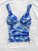 SHEIN WYWH Casual Romantic Vacation Knotted Strap Ruched Tie-Dye Blue Floral Print Tank Top, Slimming