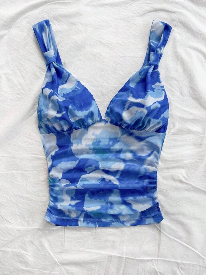SHEIN WYWH Casual Romantic Vacation Knotted Strap Ruched Tie-Dye Blue Floral Print Tank Top, Slimming