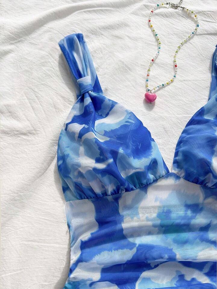 SHEIN WYWH Casual Romantic Vacation Knotted Strap Ruched Tie-Dye Blue Floral Print Tank Top, Slimming
