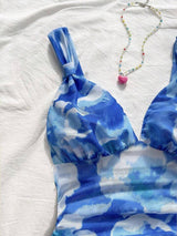 SHEIN WYWH Casual Romantic Vacation Knotted Strap Ruched Tie-Dye Blue Floral Print Tank Top, Slimming