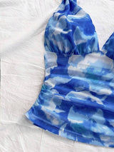 SHEIN WYWH Casual Romantic Vacation Knotted Strap Ruched Tie-Dye Blue Floral Print Tank Top, Slimming