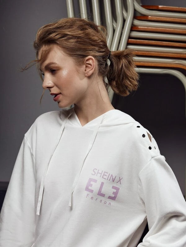 SHEIN X ELEFERSAN Letter Graphic Press Button Hoodie