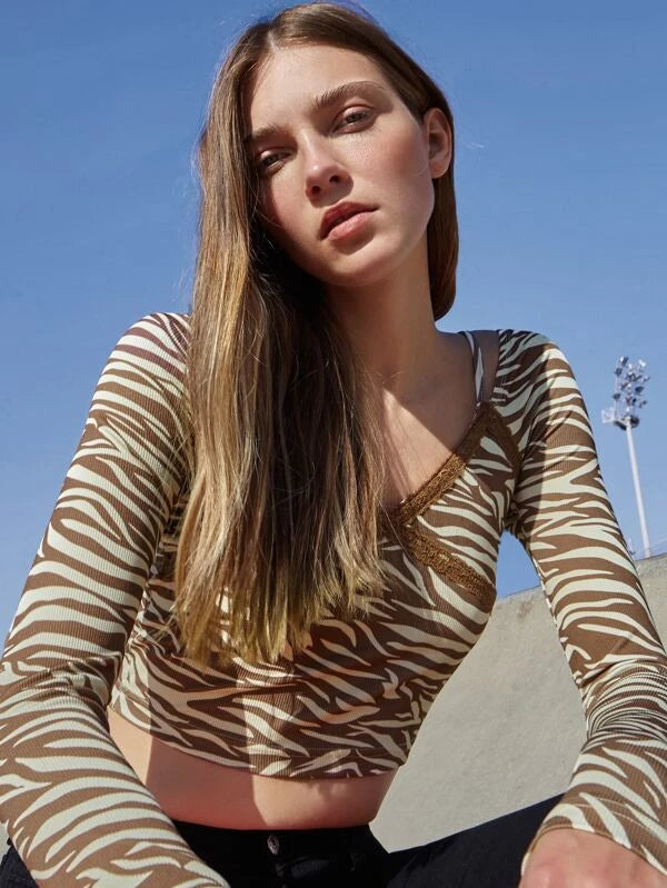 SHEIN Zebra Stripe Lace Trim Rib Knit Crop Top