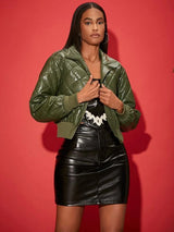 SHEIN Zip Up PU Leather Quilted Coat