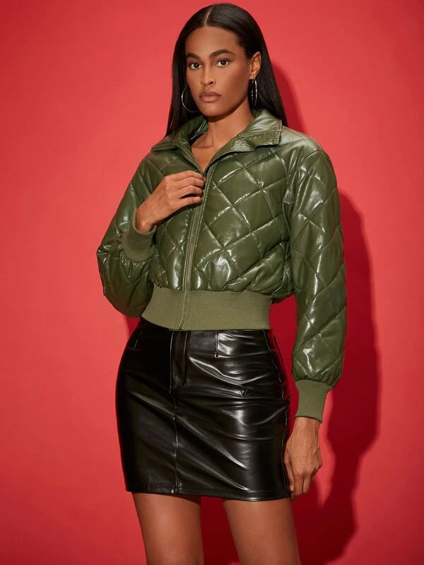 SHEIN Zip Up PU Leather Quilted Coat