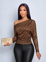 SOLERSUN Women's Brown Monogram Print Off Shoulder Long Sleeve TopRuched Slim Fit Tee With Stretch Fabric