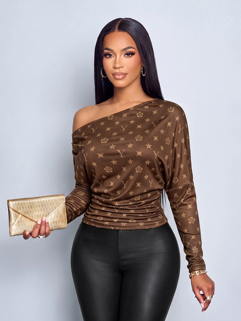 SOLERSUN Women's Brown Monogram Print Off Shoulder Long Sleeve TopRuched Slim Fit Tee With Stretch Fabric