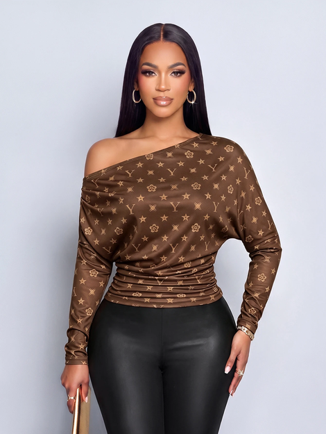 SOLERSUN Women's Brown Monogram Print Off Shoulder Long Sleeve TopRuched Slim Fit Tee With Stretch Fabric