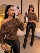 SOLERSUN Women's Brown Monogram Print Off Shoulder Long Sleeve TopRuched Slim Fit Tee With Stretch Fabric