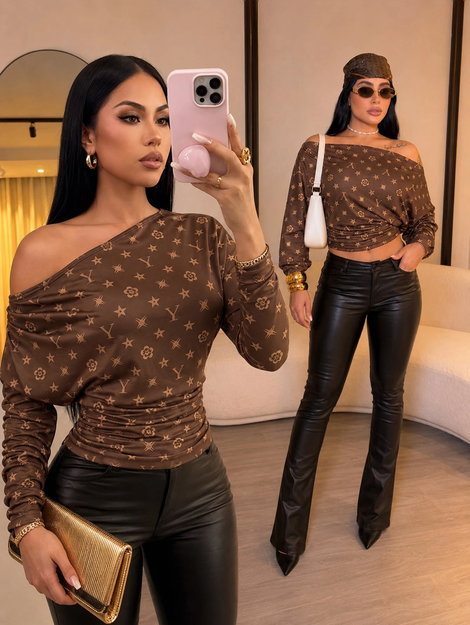 SOLERSUN Women's Brown Monogram Print Off Shoulder Long Sleeve TopRuched Slim Fit Tee With Stretch Fabric