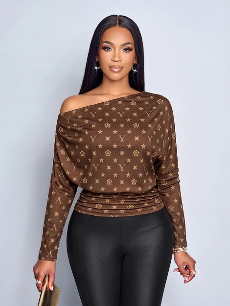 SOLERSUN Women's Brown Monogram Print Off Shoulder Long Sleeve TopRuched Slim Fit Tee With Stretch Fabric