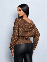 SOLERSUN Women's Brown Monogram Print Off Shoulder Long Sleeve TopRuched Slim Fit Tee With Stretch Fabric