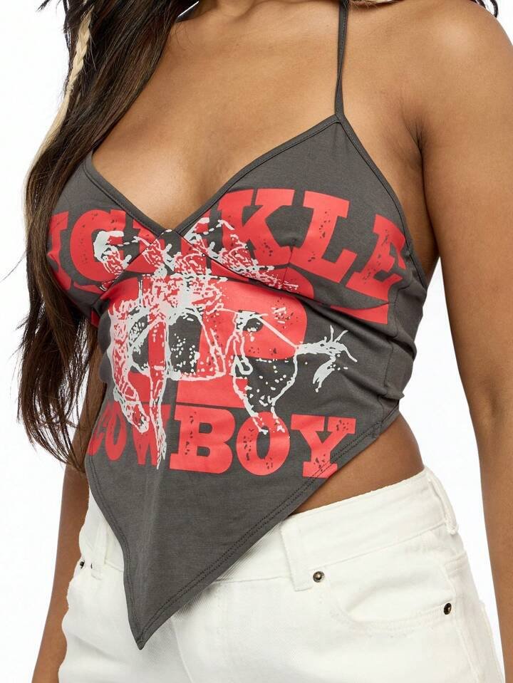SUMWON WOMEN Cowboy Rodeo Western Graphic Handkerchief Hem Tank Top Cam