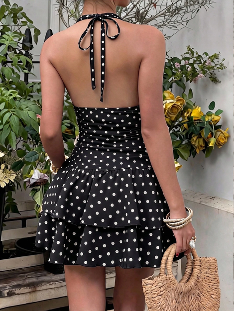 Sunnyshic Women's Black And White Polka Dot Summer 1960s Vintage Mini Dress