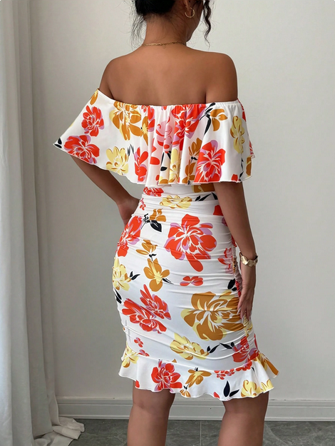 Selianne Tropical Print Off Shoulder Ruffle Trim Ruched Bodycon Dress