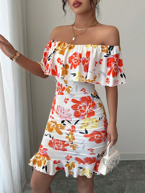 Selianne Tropical Print Off Shoulder Ruffle Trim Ruched Bodycon Dress