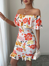 Selianne Tropical Print Off Shoulder Ruffle Trim Ruched Bodycon Dress