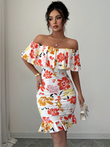 Selianne Tropical Print Off Shoulder Ruffle Trim Ruched Bodycon Dress
