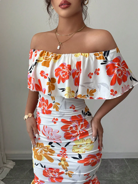 Selianne Tropical Print Off Shoulder Ruffle Trim Ruched Bodycon Dress