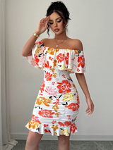 Selianne Tropical Print Off Shoulder Ruffle Trim Ruched Bodycon Dress