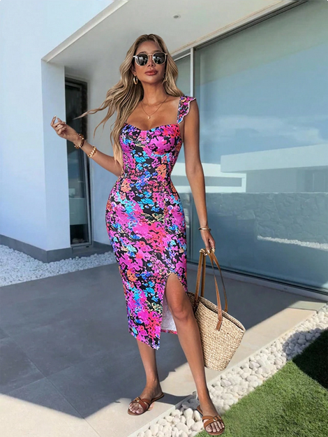 Selianne Women's Colorful Print Split Cap Sleeve Midi Dress