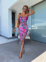 Selianne Women's Colorful Print Split Cap Sleeve Midi Dress