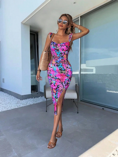 Selianne Women's Colorful Print Split Cap Sleeve Midi Dress
