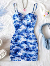 Soleia Women's Blue Tie Dye Floral Print Ruffled Strap Mini Vacation Dress