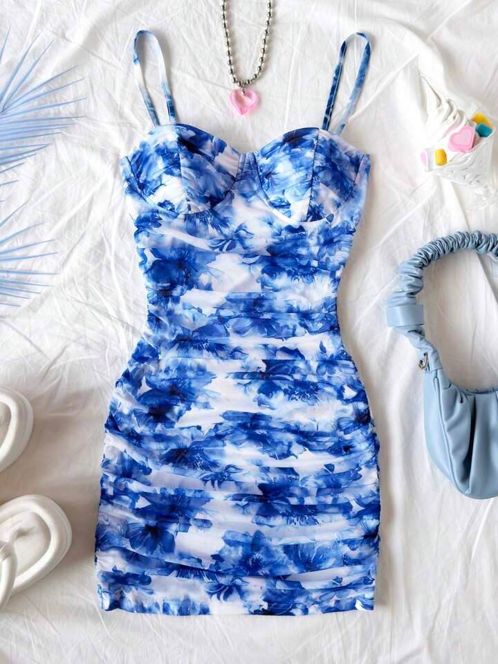 Soleia Women's Blue Tie Dye Floral Print Ruffled Strap Mini Vacation Dress