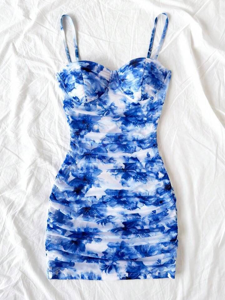 Soleia Women's Blue Tie Dye Floral Print Ruffled Strap Mini Vacation Dress