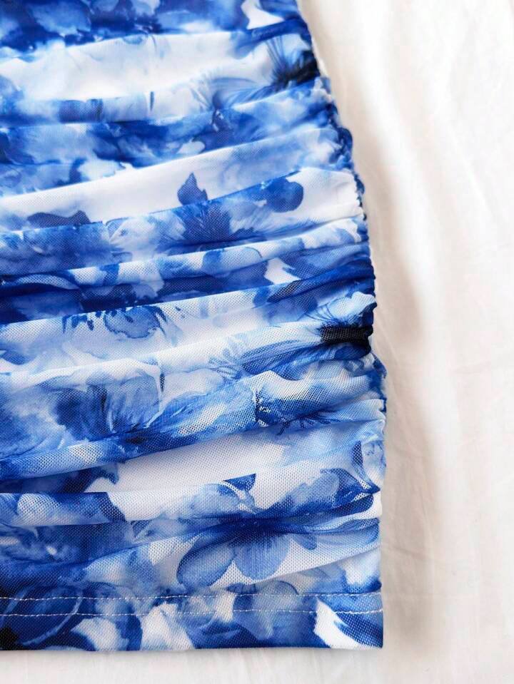 Soleia Women's Blue Tie Dye Floral Print Ruffled Strap Mini Vacation Dress
