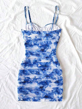 Soleia Women's Blue Tie Dye Floral Print Ruffled Strap Mini Vacation Dress