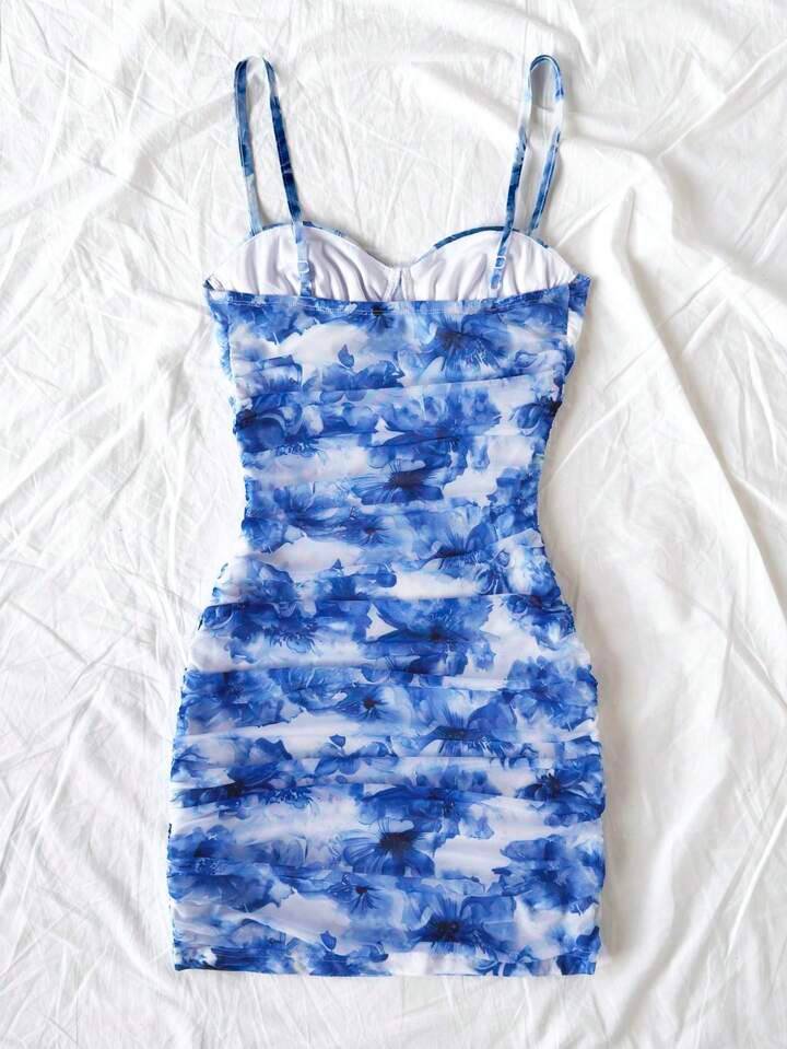 Soleia Women's Blue Tie Dye Floral Print Ruffled Strap Mini Vacation Dress