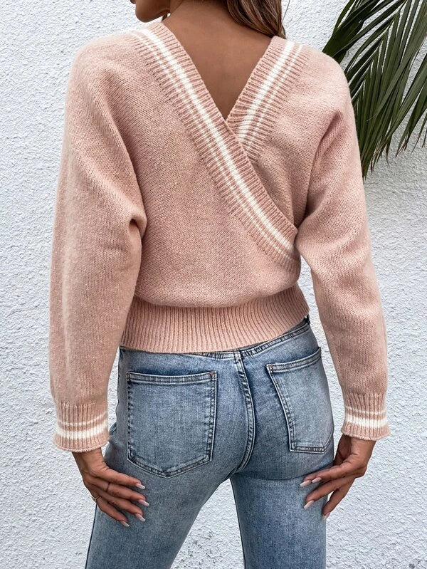 Striped Trim Dolman Sleeve Overlap Collar Sweater