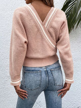 Striped Trim Dolman Sleeve Overlap Collar Sweater