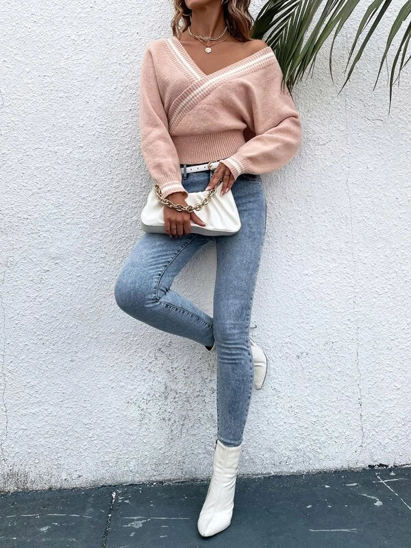 Striped Trim Dolman Sleeve Overlap Collar Sweater