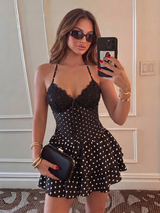 Sunnyshic Women's Black And White Polka Dot Summer 1960s Vintage Mini Dress