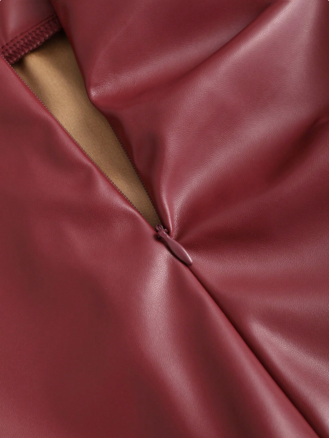 Sweetra Women's Burgundy Faux Leather Mini Skirt With Side Slits