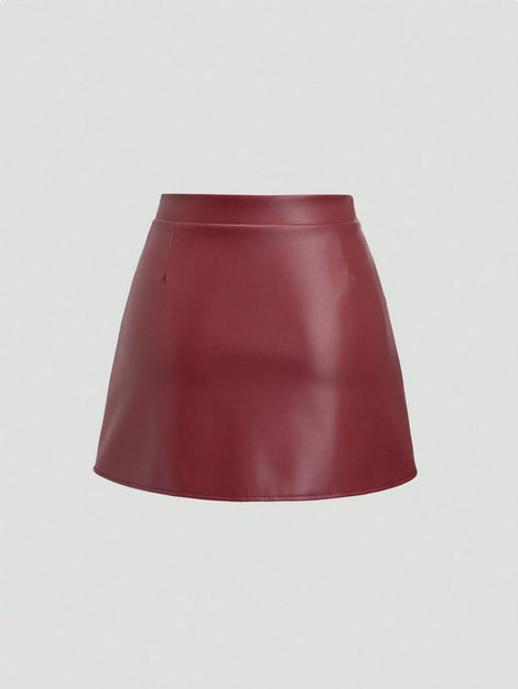 Sweetra Women's Burgundy Faux Leather Mini Skirt With Side Slits