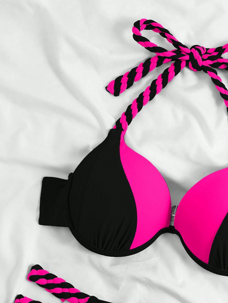Swim SPRTY Women Color-Block Halter Neck Bikini Set, Suitable For Swimming Pool Summer Beach