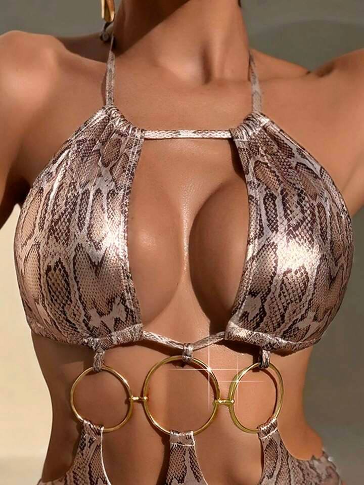 Swim SXY New European &amp; American Women Snake Skin Pattern Special Material Ring Shoulder Strap Sexy One-Piece Swimsuit