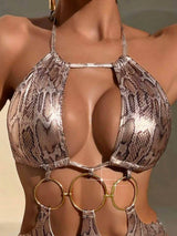 Swim SXY New European &amp; American Women Snake Skin Pattern Special Material Ring Shoulder Strap Sexy One-Piece Swimsuit