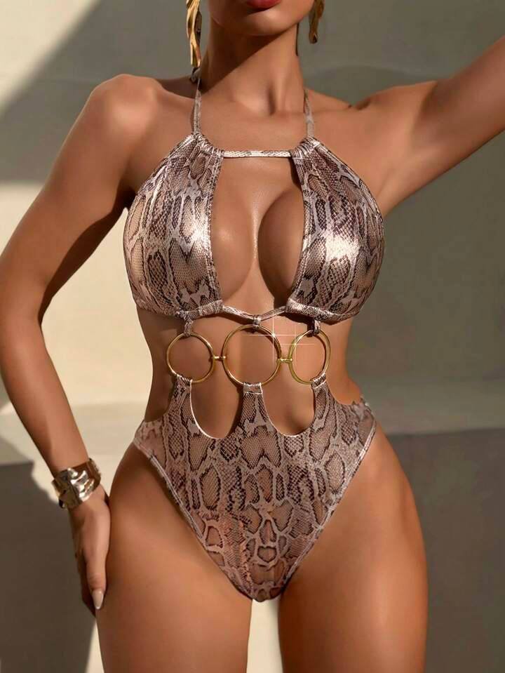 Swim SXY New European &amp; American Women Snake Skin Pattern Special Material Ring Shoulder Strap Sexy One-Piece Swimsuit