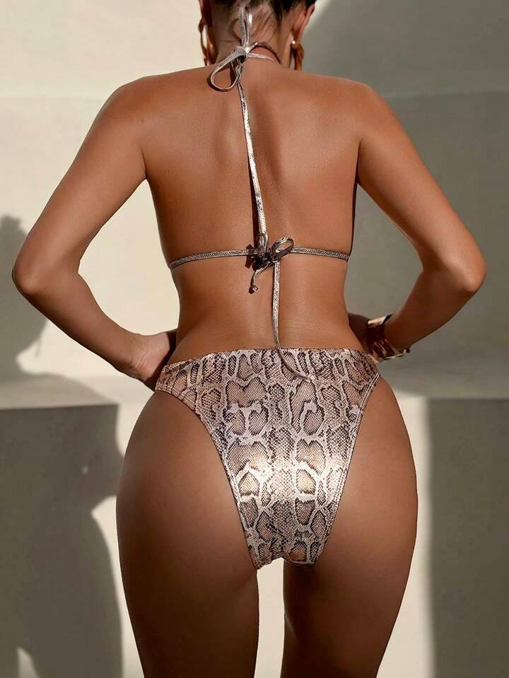 Swim SXY New European &amp; American Women Snake Skin Pattern Special Material Ring Shoulder Strap Sexy One-Piece Swimsuit