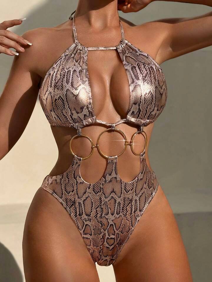Swim SXY New European &amp; American Women Snake Skin Pattern Special Material Ring Shoulder Strap Sexy One-Piece Swimsuit