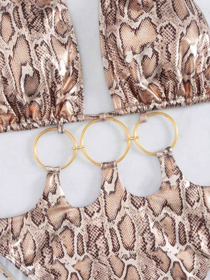 Swim SXY New European &amp; American Women Snake Skin Pattern Special Material Ring Shoulder Strap Sexy One-Piece Swimsuit
